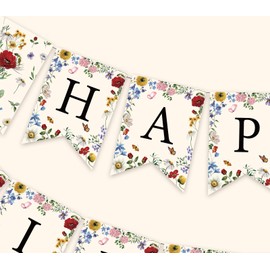 JarThenaAMCS 11Pcs Wildflower Birthday Banner Happy Birthday Bunting Garland with Vintage Flower Hanging Swirl for Birthday Party Decoration
