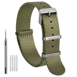 WOCCI 18mm Military Nylon Watch Band, One-piece Ballistic Nylon Strap for Men and Women, Silver Buckle (Army Green)