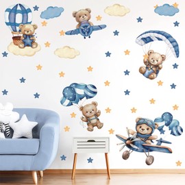 ANHUIB Animal Wall Sticker Children's Room Blue Wall Sticker Aeroplane Wall Sticker Children's Room Boys Children Wall Sticker Animals Nursery Baby Room Bedroom Wall Decoration Wall Sticker Clouds
