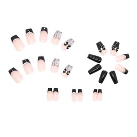 Black French Press on Nails Medium Length Aritifical Square Fake Nails Pearl Bow Tie Design Arcylic False Nails Full Cover Reusable Coffin Nails Nature Fit Stick on Nails Glue on Nails for Women