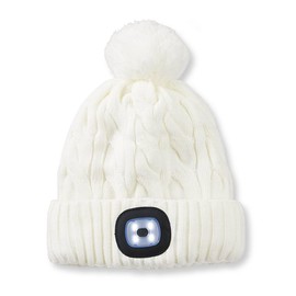 SAGEFINDS Unisex Beanie with Light, Pom-Pom Knit Hat with LED, USB Rechargeable Headlamp Cap for Men and Women White