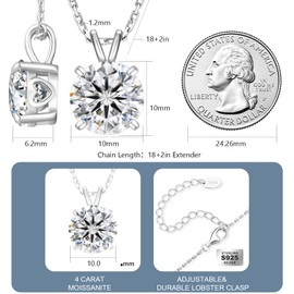 KRKC&CO Moissanite Necklace for Women, Sterling Silver Lab Created Solitaire Diamond Pendant for Her, 4-Prong, GRA Certificate, Gift for Anniversary, Birthday, Wedding - to Wife, Girlfriend, Daughter,