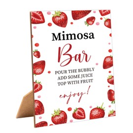 Strawberry Mimosa Bar Sign for Bridal Shower, 1 Pack Wooden Sign with Stand Tabletop Decor, Berry Sweet Bridal Shower Decoration, Engagement Bachelorette Party Supplies - JF03