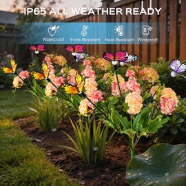 2 Pack Solar Garden Lights Outdoor, 8 Lighting Modes Warm White LED Powered Swaying Butterfly, Waterproof Hydrangea Flowers Landscape Light for Outside Yard, Patio, Pathway Decorative, Décor, Gifts