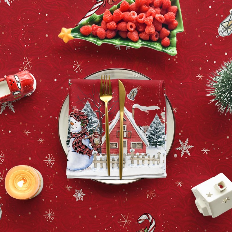 Artoid Mode Red House Trees Snow Snowman Christmas Table Cloth,