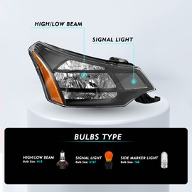TUSDAR Headlight Assembly w/Bulbs fit 2008-2011 Ford Focus S | SE | SES | SEL Passenger & Driver Side (Black Housing with Amber Reflector)