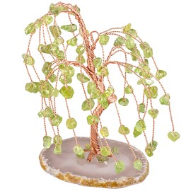 TUMBEELLUWA Healing Crystal Money Tree with Agate Slices Base Polishing Tumbled Gemstones Tree Bonsai Feng Shui Decor for Luck and Wealth, Peridot