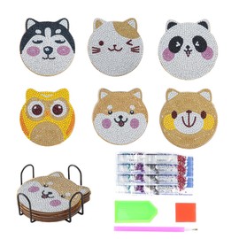 Diamond Painting Coasters with Holder, Pack of 6, DIY Reusable Diamond Art Coasters in Animal Motifs, Diamond Art Painting, Wooden Coasters for Beginners, Children and Adults, Cups Decoration (Style