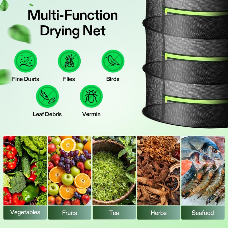 VIVOSUN 6-Layer Mesh Drying Rack Hanging Design with Green Zippers