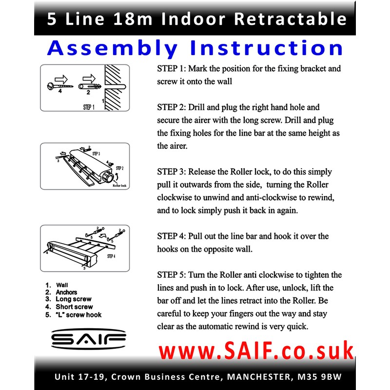SAIF Retractable 18m 5 Lines Washing Line Laundry Wall Mounted