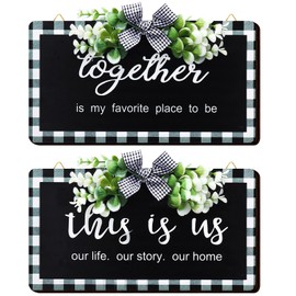 2 Pcs Buffalo Plaid Wooden Sign Wall Decor 6.3x12 Inch Rustic Buffalo Plaid Signs Black and White Vintage Farmhouse Decor for Home Dining Room Restaurant (This is Us Our Life Our Story/ Together)