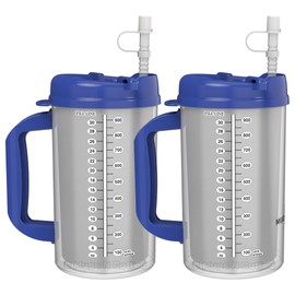 32 oz Double Wall Insulated Hospital Mug - Cold Drink Mug - Large Carry Handle - Includes Straw (2, Blue)