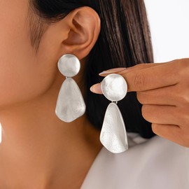 Chunky Silver Drop Dangle Earrings Trendy Statement Earrings for Women Modern Geometric Lightweight Jewelry