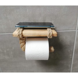 Toilet Roll Holder with Shelf - Wooden Shelf and Rope for Phone or Decoration
