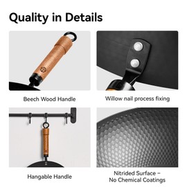 WANGYUANJI 12.6" Iron Wok with Lid, Flat Bottom Nonstick Wok Pan with Detachable Wooden Handle, Chinese Stir Fry Pan for Induction, Gas and Electric Stoves