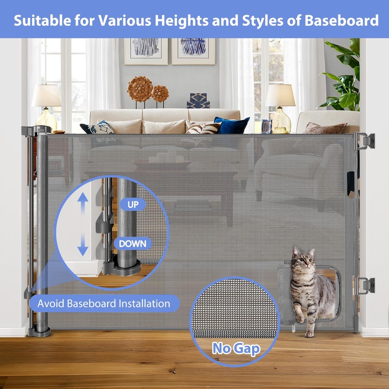 Retractable Dog Gate with Cat Door 55" Wide Retractable Pet