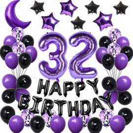 NANINUNENO 32nd Birthday Decorations Set Girls Women Boys Men Purple Black 32 Cheerful Balloons with Number Band