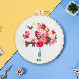 4 Pack Embroidery Starter Kit with Floral Pattern and Instructions,Embroidery Hoops,Cross Stitch Tool Kit for Adults, Home Decoration and DIY Gift (Holding Flowers)