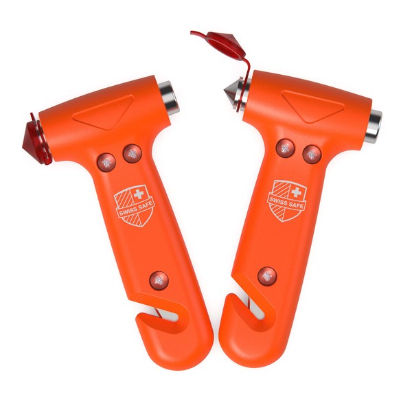 Swiss Safe 5-in-1 Car Safety Hammer, Emergency Escape Tool with Car Window Breaker and Seatbelt Cutter, Orange