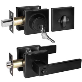 Square Exterior Door Handle with Deadbolt, Matte Black Entry Door Locksets with Deadbolt, Door Handle and Deadbolt Set for Home and Office, Reversible for Right and Left Sided Doors, 1 Pack