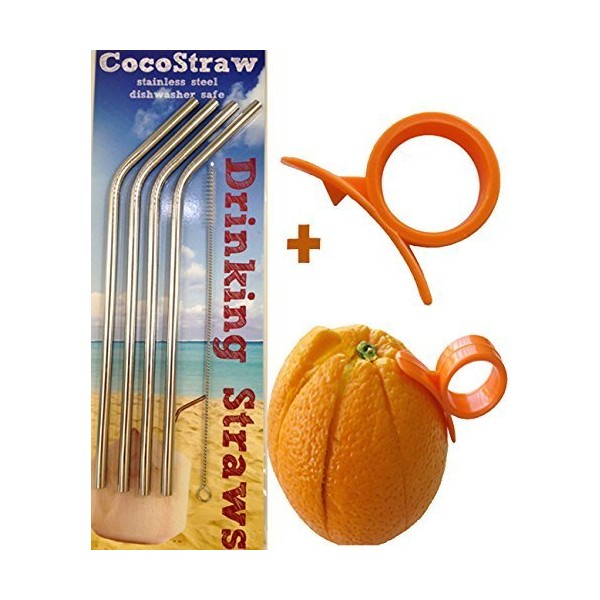 4 Stainless Steel Straws + FREE Cleaning Brush & Citrus Peeler - FUN! Handy, Elegant, Metal, Washable, SAFE, NON-TOXIC non-plastic or glass - UNbreakable! CocoStraw Brand Drinking Drink Straw