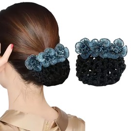 Blue Lace Embroidery Flower with Crystal Hair Snood Net Barrette Elastic Hair Bun Cover for Women