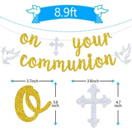 On Your Communion Banner, First Holy Communion/Blessing on Your Confirmation, Baby Shower/Christening Baptism Party Decorations Supplies, Gold Glitter