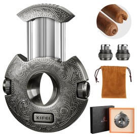 XIFEI Cigar Cutter with 2 Cigar Punch, Stainless Steel Cigar Guillotine Ergonomic Design Secure-Lock, Portable V-Cut Cutters Up to 58 Ring Gauge, Men's Gifts Ideal Cigar Accessories (Silver)