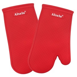 Alselo Oven Mitts Heat Resistant Silicone Kitchen Gloves for 550 Degrees with Waterproof and Non-Silp, Set of 2 Oven Gloves for Baking Cooking Barbecue Microwave Machine Washable (Red, 2)
