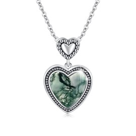 Cuoka Heart Moss Agate Necklace 925 Sterling Silver Retro Heart Love Pendant Necklace, Hawaii Bohemia Moss Agate Jewelry for Women