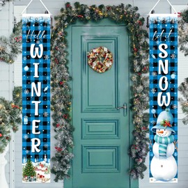 Avezano Hello Winter Door Banner Let It Snow Welcome Banner Snowman Door Decorations Blue Buffalo Plaid Wonderland Porch Signs for Christmas Winter Holiday Party Decorations