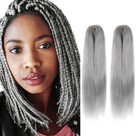 WUDAS Silver Grey Braiding Hair 14 Inch Short Pre Stretched Hair Straight Yaki Texture Synthetic Hair Extensions Softness, 2 Packs