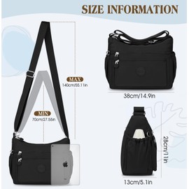 ONEKERUN Shoulder Bag Women's Large Casual Crossbody Bag Nylon Lightweight Shoulder Bag Large Women's Handbag Medium Women's Shoulder Bag with Many Compartments & Adjustable Width for Shopping, black