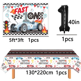 Fast One Race Car Birthday Decorations for Boys - 1st Birthday Set With Photo Banner and Balloon Box