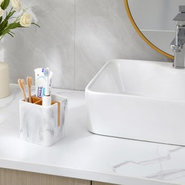 rejomiik Toothbrush Holders Electric Toothbrush Holder for Bathrooms, Bamboo Tooth Brushing and Toothpaste Storage Organizer for Sink, Countertop, Marble White