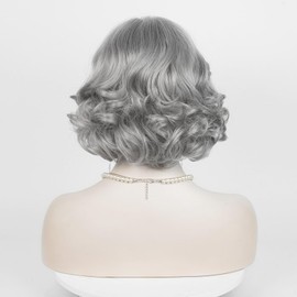 Dark Gray Old Lady Costume Short Curly Wig for Women, Girl 100 Days of School and Grandma Grey Wig and Glasses,Eyeglass Retainer Chain,Pearl Necklace