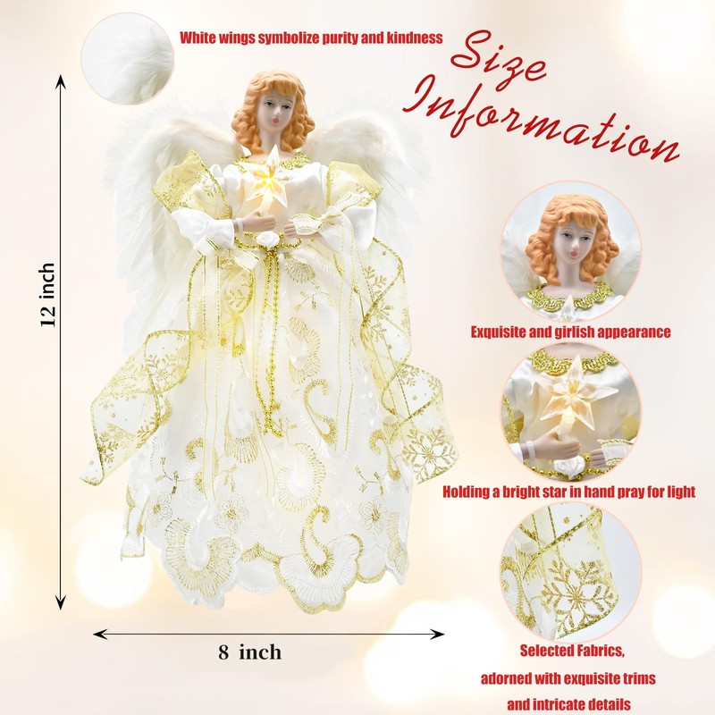 12" Lighted White Angel Christmas Tree Topper with Feather Wings