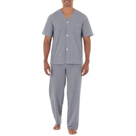 Fruit of the Loom Men's Broadcloth Short Sleeve Top and Long Pants Pajama Set, Navy/White Check, Small