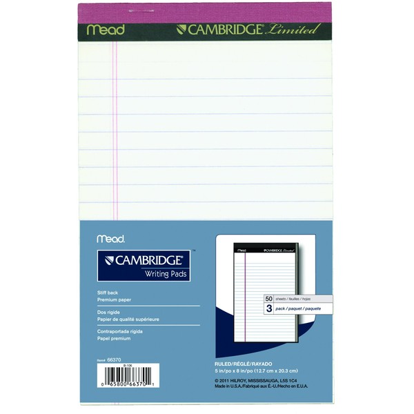 Cambridge Limited 66370 Small Writing Pads, Perforated, 5x8-Inch, 50-Sheets, 3/Pack,