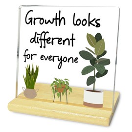 Inspirational Acrylic Sign,Growth Looks Different for Everyone Plant Motivational Acrylic Sign for Home Bedroom Office Desk Decor with Wood Base(4 X 4 Inches)