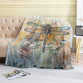 coedoaes Watercolor Dragonfly Fleece Blanket,50x60in,Artistic Insect Intricate Wing Earthy Tones Throw Blankets,Soft Cozy Lightweight, Ideal for Bed Living Room Home Boho Decor,Women Gifts