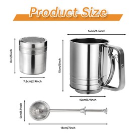 Flour Sifter, 3 in 1 Stainless Steel Sifter for Baking, 3 Cup Double Layer Fine Mesh Sifter, Powdered Sugar Shaker Duster Set for Baking Cakes, Pastries, Pies, Cupcakes and Desserts