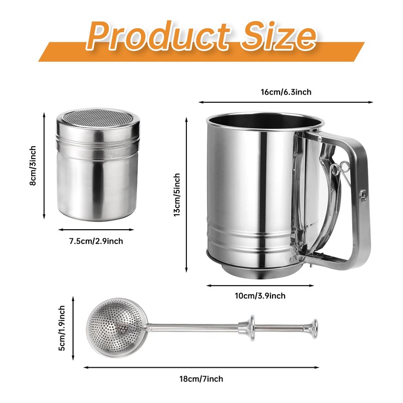 Flour Sifter, 3 in 1 Stainless Steel Sifter for Baking,