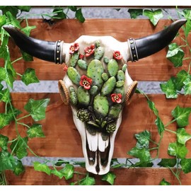 Ebros Gift Western Native American Steer Bison Bull Cow Skull with Flowering Green Floral Cactus Decorative Wall Decor Plaque Figurine Rustic Southwestern Bulls Cows Skulls Animal Themed Accent