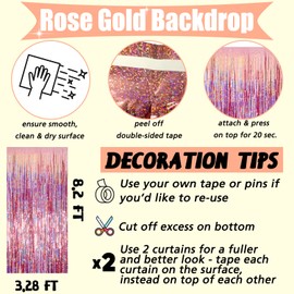 4 Pack Rose Gold Fringe Curtain Backdrop, 3.2Ft x 8.2Ft Sparkle Metallic Tinsel Foil Fringe Streamers Background for Photo Booth Birthday Wedding Baby Shower Party Thanksgiving Christmas Decorations
