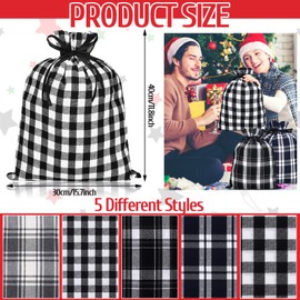 10 Pieces Christmas Buffalo Plaid Drawstring Bags Drawstring Gift Bags Santa Large Sacks Xmas Wrapping Bags Cotton Drawstring Bags Sack for Party Favors Candies (Black and White Plaid, 12 x 16 Inch)