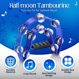 Flexzion Tambourine, Hand Drum - Pack of 2, 25 cm Jingle Wreath with Handle, Music Percussion Instrument, Double Row Bell Ring in Crescent Shape Frame, with 20 Pairs of Metal Jingles, Blue