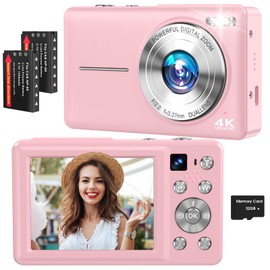4K Digital Camera, 64MP Autofocus Vlogging Camera with Dual Lens, 16X Digital Zoom YouTube Compact Travel Point Shoot Camera for Teens Beginner, Anti-Shake,2 Batteries, 32GB Card (Pink)