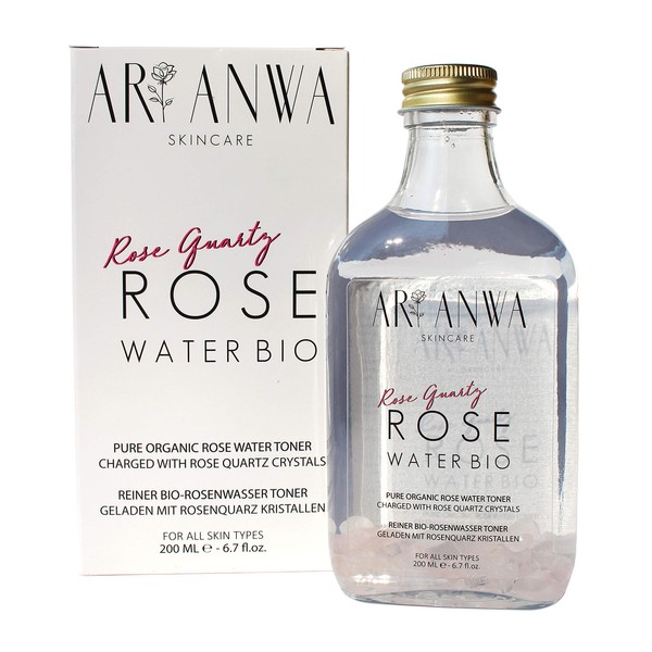Pure Organic Rose Water with Real Rose Quartz Crystals - ARI ANWA Skincare ® - 100% Pure & Natural Rose Water in Glass Bottles - Real Rose Water with Rose Quartz