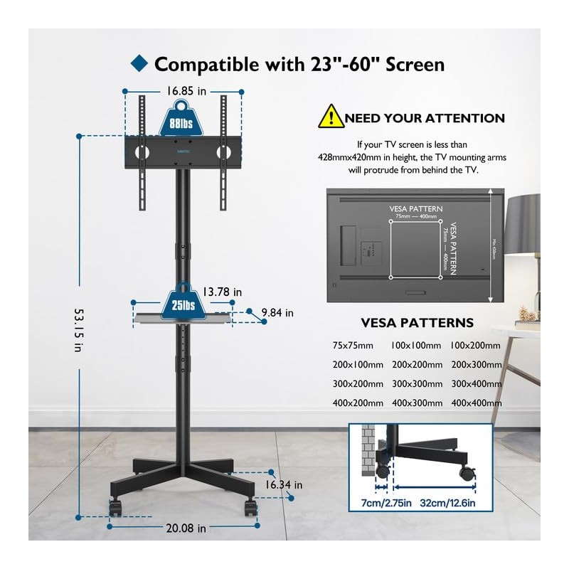 BONTEC Mobile TV Stand for 23-60 Inch TVs, Rolling TV